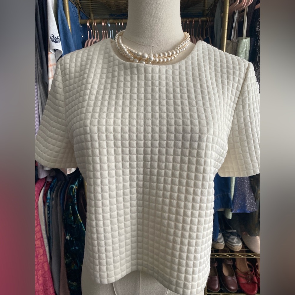 Chelsea & Violet Cream Quilted Textured Short Sleeve Top - Boxy button closure.